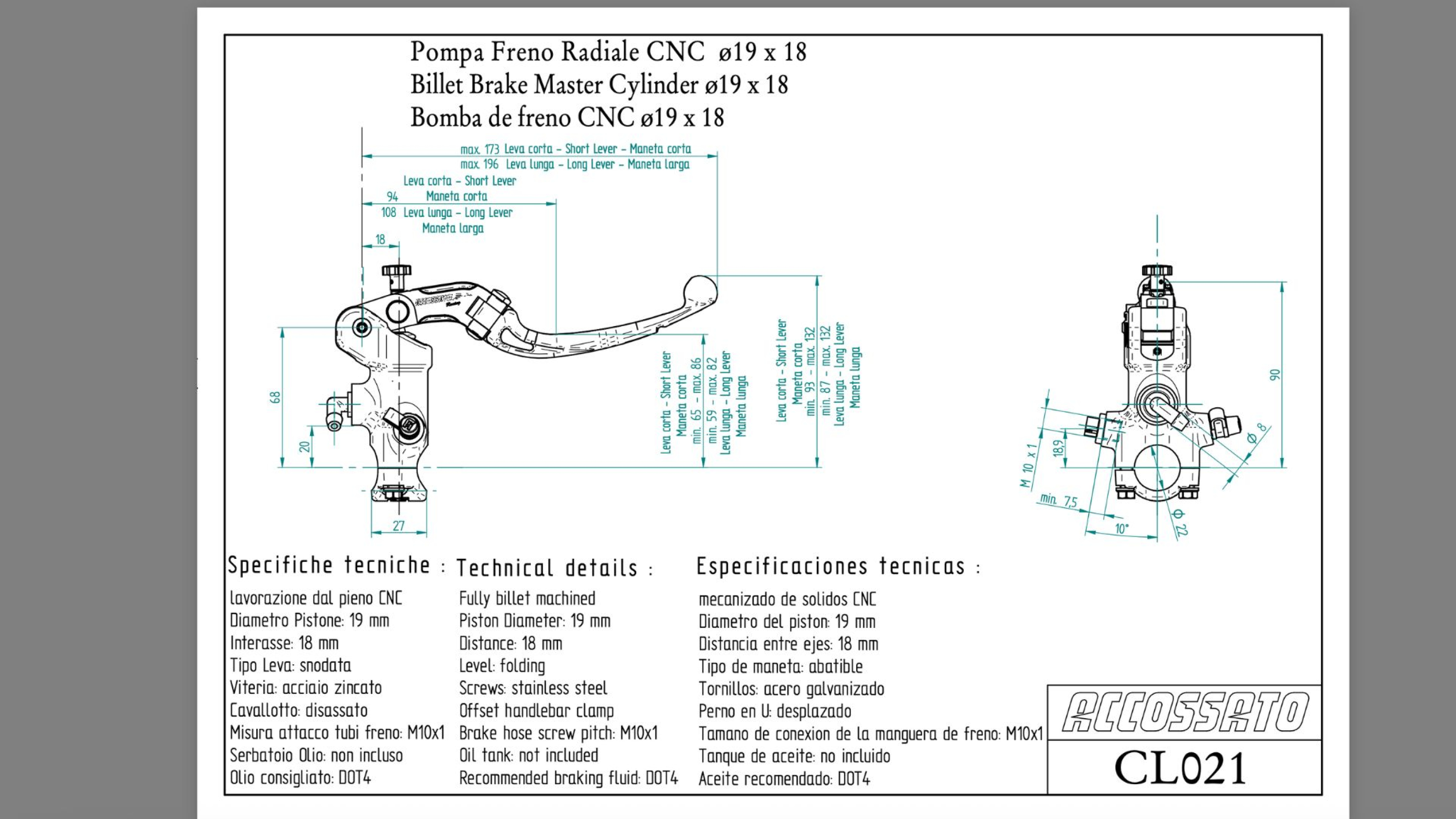 Accossato Bremspumpe radial CNC 19x18 mm mit farbigem Klapphebel